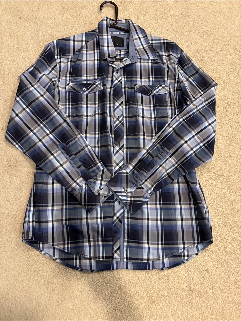 7 Diamonds Men's Blue and White Plaid Button-Down Shirt